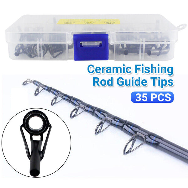 35PCS Ceramic Fishing Rod Guide Tips Top Eye Rings Line Repair Kit 7 Sizes Set