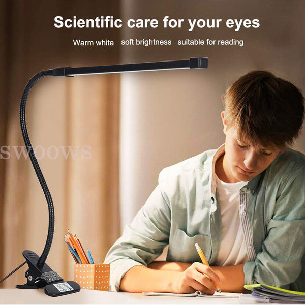 LED Table Bedside Desk Lamp with Clamp Eye-Care Study Reading Light Dimmable USB