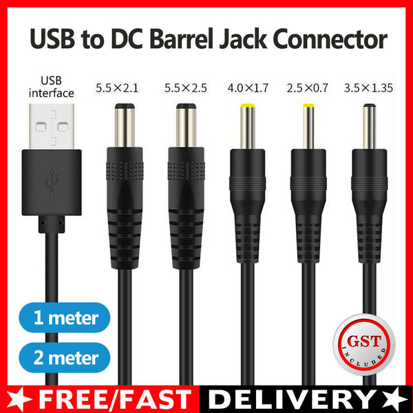 USB to DC Barrel Jack Connector 5.5/4.0/3.5/2.5mm 1M/2M Length