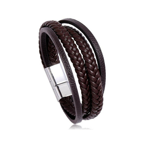 Mens Genuine Leather Bracelet Wristband Stainless Steel Braided Punk Cuff Wrap