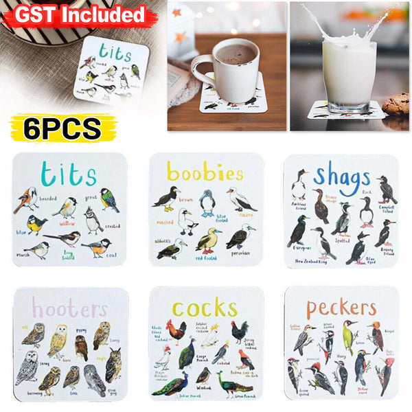 Set of 6 Bird Pun Coasters Funny Coasters Table Protect Cup Mugs Mat for Drink