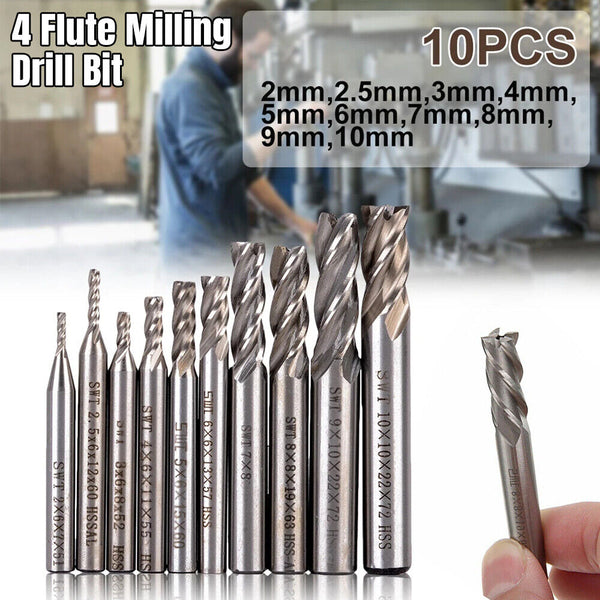 10Pcs 4 Flute Milling Drill Bit Cutter Carbide End Mill CNC Tools 2-10mm Milling