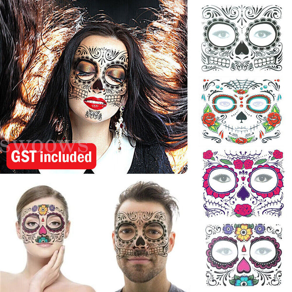 Waterproof Day Of The Dead Face Dress Up Halloween Temporary Tattoo Stickers