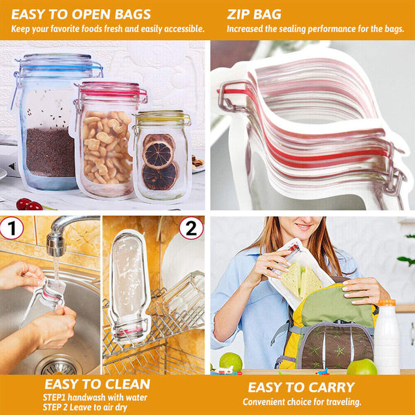 Mason Jar Reusable Style Pack Food Washable Storage Bags PE Stand Pouch Bag