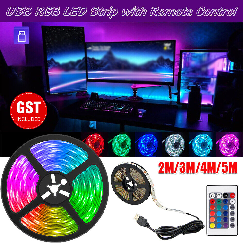 5V 1M/2M/3M/4M/5M USB RGB LED Strip Light 5050 TV Back 24 IR Remote