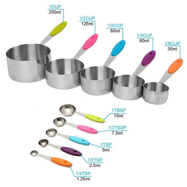 10pcs Set Spoons Stainless Steel Kitchen Baking Teaspoon and Measuring Cups AU