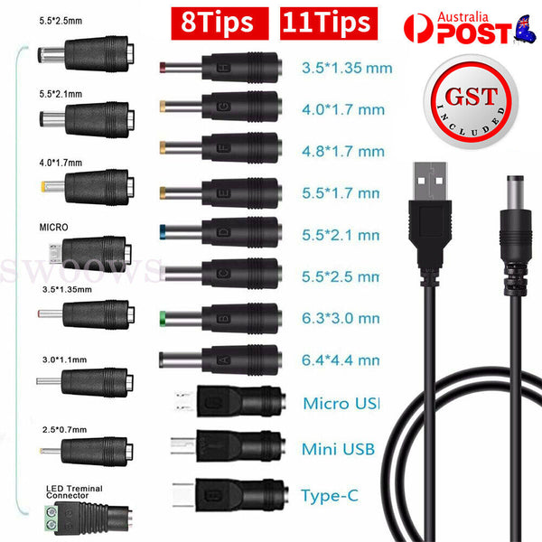 11-20Tips USB to 5.5 mm/2.1 mm 5 Volt DC Barrel Jack Plug Charging 1M Power Cord