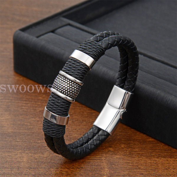 Men's Stainless Steel Magnetic Buckle Bracelet Bangle Cuff Leather Braided