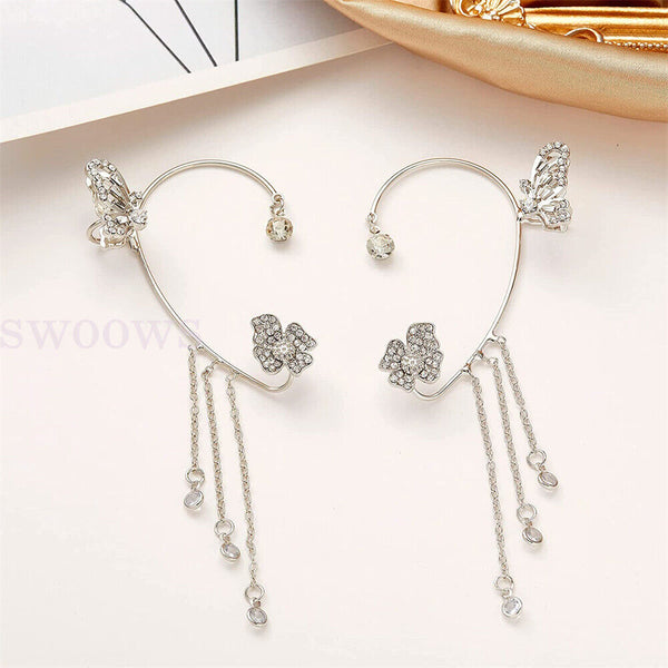 Zircon Butterfly Tassel Ear Cuff Clip Non Piercing Ear Clip Wrap Ladies Earrings