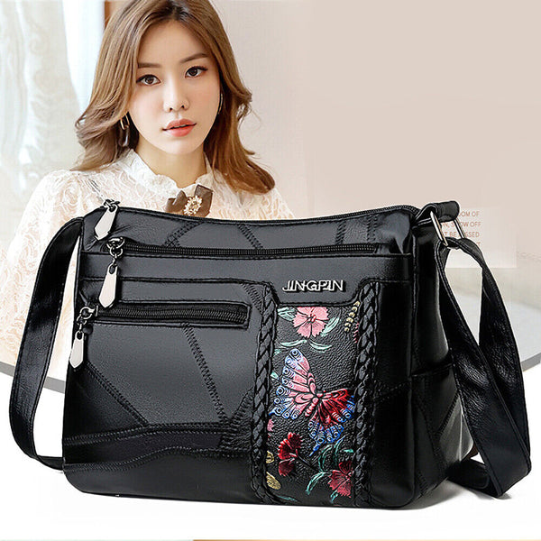 Women Floral Printed Shoulder Bags Multi Pocket PU Leather Crossbody Handbags