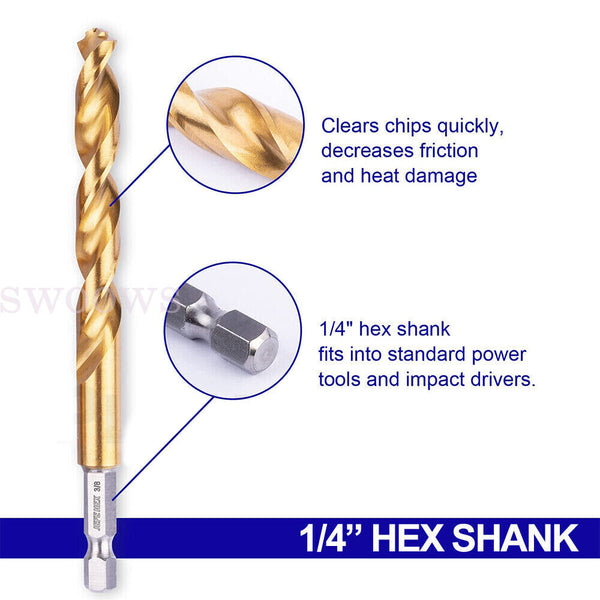 13 PCS Quick Change HSS Titanium Drill Bits Hex Shank Set Soft Metal Wood Timber