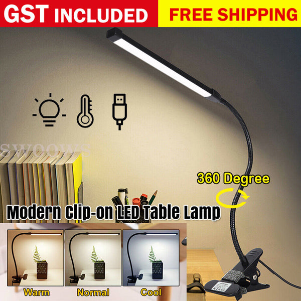 LED Table Bedside Desk Lamp with Clamp Eye-Care Study Reading Light Dimmable USB