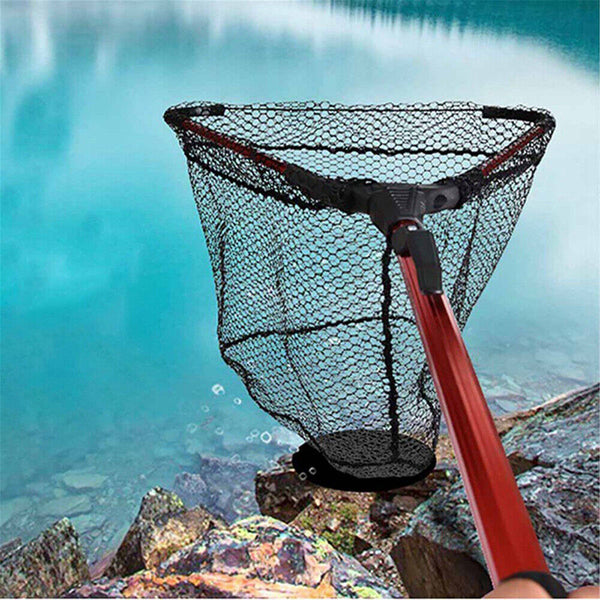 Fishing Landing Net Aluminum Alloy Red Portable Fish Mesh Foldable Pole Handle A