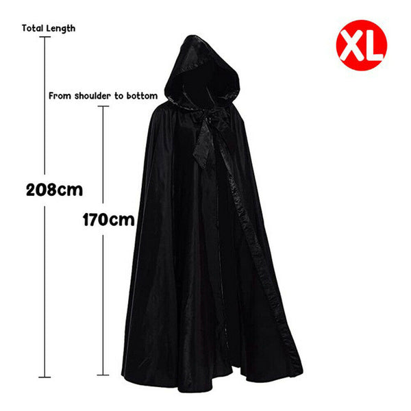 Adult Black Hooded Cape Robe Cloak Vampire Halloween Cosplay Costume Party S-XL