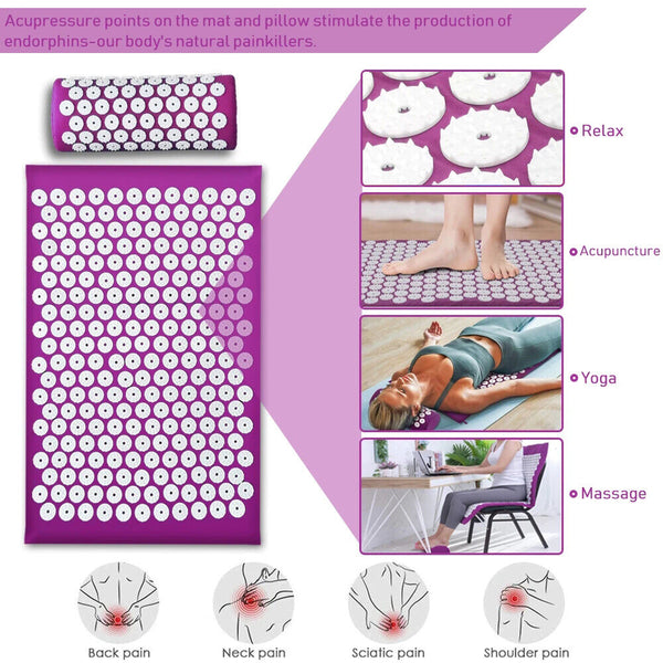 Yoga Massage Acupressure Mat & Pillow Body Foot Relax Cut Pain Stress Lying Mats