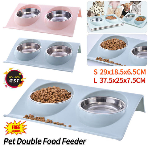 UP4x Stainless Steel Double Pet Bowl Twin Dog Food Feeder Station Dish Water Cat