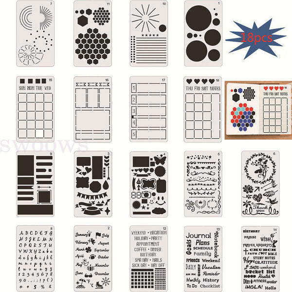 18pcs Bullet Journal Stencil Set For A5 DIY Templates Notebook Diary Scrapbook