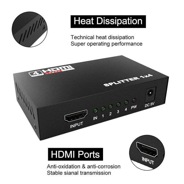 1 in 4 out HDMI Splitter Box Hub HD 1080p Port Amplifier Universal For PC TV DVD