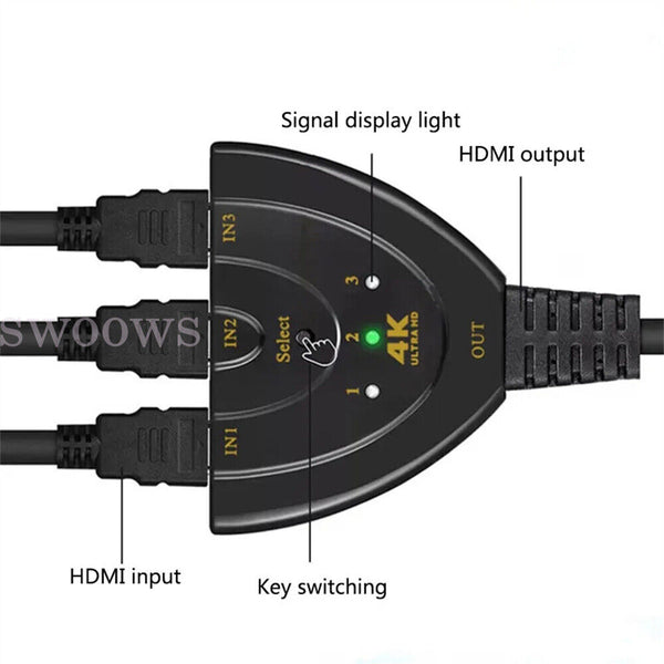 4K Ultra HD 3 Way HDMI Switch Splitter HDTV Auto 3 Port IN 1 OUT with Cable