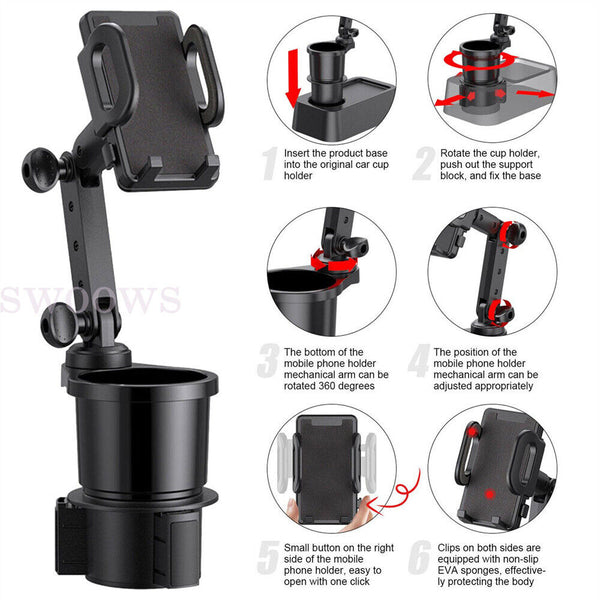 Phone Mount Car Cup Holder 360 Rotating Adjustable Bracket for GPS Mobile Phone