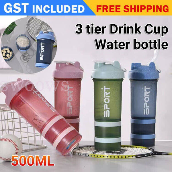 Powder Milkshake Drink Cup Sport Water bottle 500ml 3 tier Protein Shaker Pill