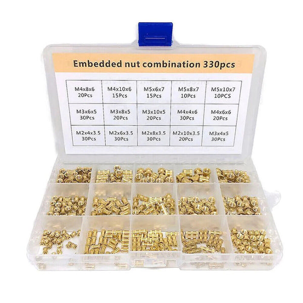 330pcs M2-M5 Thread Knurled Brass Threaded Heat Set Heat Resistant Insert AU