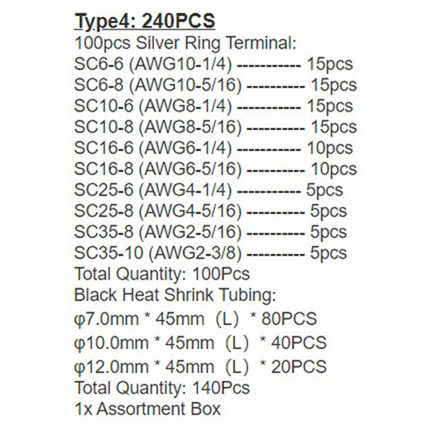 240PCS Battery Copper Cable Lugs Crimp Ring Terminals Electrical Wire Connectors