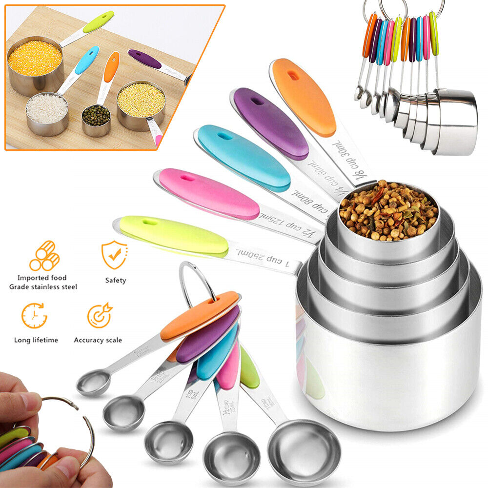 10pcs Set Spoons Stainless Steel Kitchen Baking Teaspoon and Measuring Cups AU