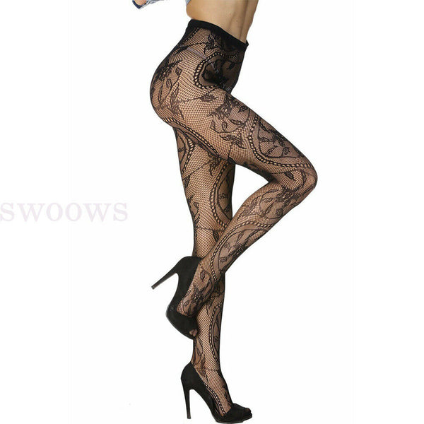 Sexy Pantyhose Stockings Fishnet Floral Lace Pattern Fashion Tights Black