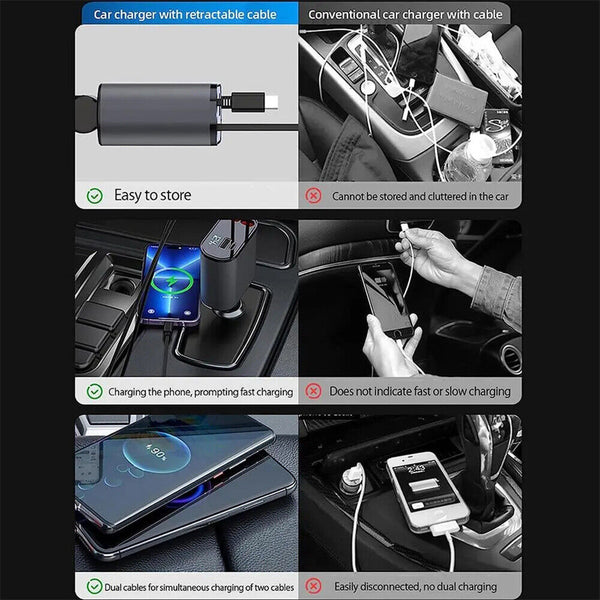 USB Car Charger 4 in 1 Car Charger Adapter Fast Charging with Dual Retractable C