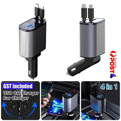 USB Car Charger 4 in 1 Car Charger Adapter Fast Charging with Dual Retractable C