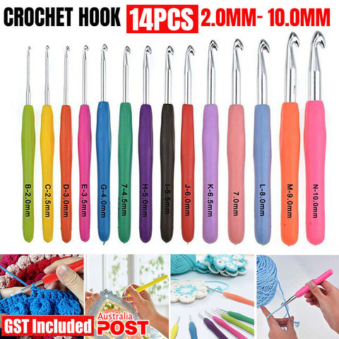 14PCS Knitting Needles Set Sewing Tools Crochet Hook Soft Grip Handles Mix Size