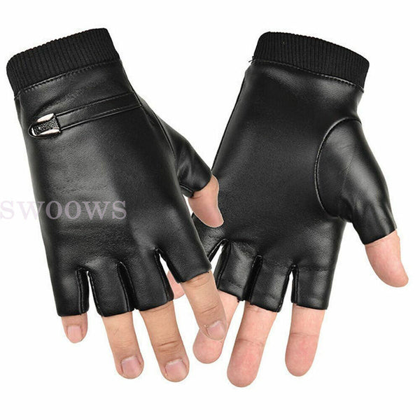 Mens Motorcycle Fingerless Leather Half Finger Driving Biker Black Gloves