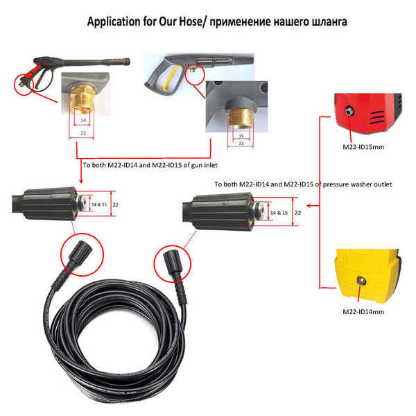 10M High Pressure Washer Hose Replacement M22 Connector 14mm Water Cleaning Pipe