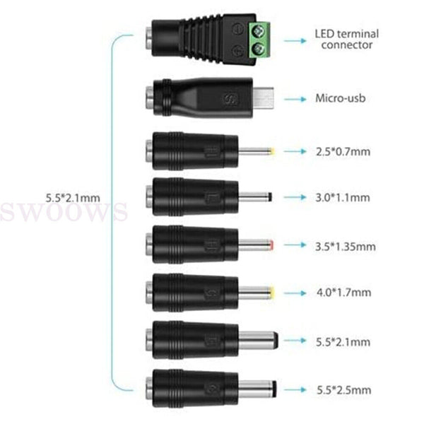 11-20Tips USB to 5.5 mm/2.1 mm 5 Volt DC Barrel Jack Plug Charging 1M Power Cord