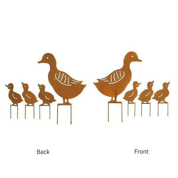 4X Metal Garden Family Duck Shape Stake Animal Retro Outdoor Sculpture Ornament