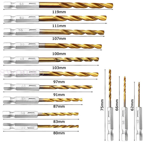 13 PCS Quick Change HSS Titanium Drill Bits Hex Shank Set Soft Metal Wood Timber