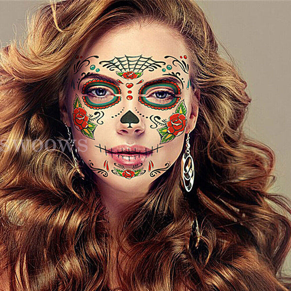 Waterproof Day Of The Dead Face Dress Up Halloween Temporary Tattoo Stickers