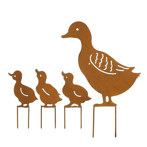 4X Metal Garden Family Duck Shape Stake Animal Retro Outdoor Sculpture Ornament