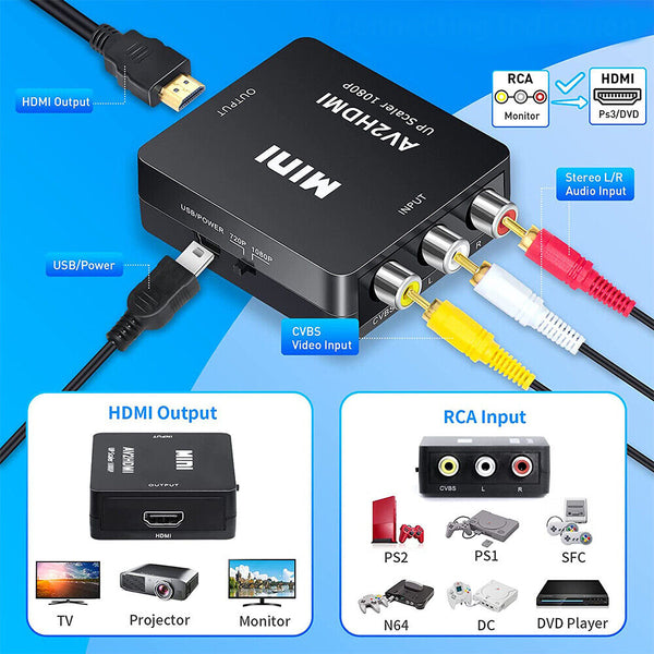 AV to HDMI AV2HDMI Composite RCA CVBS 3RCA Video Cable Converter 1080p Upscaling