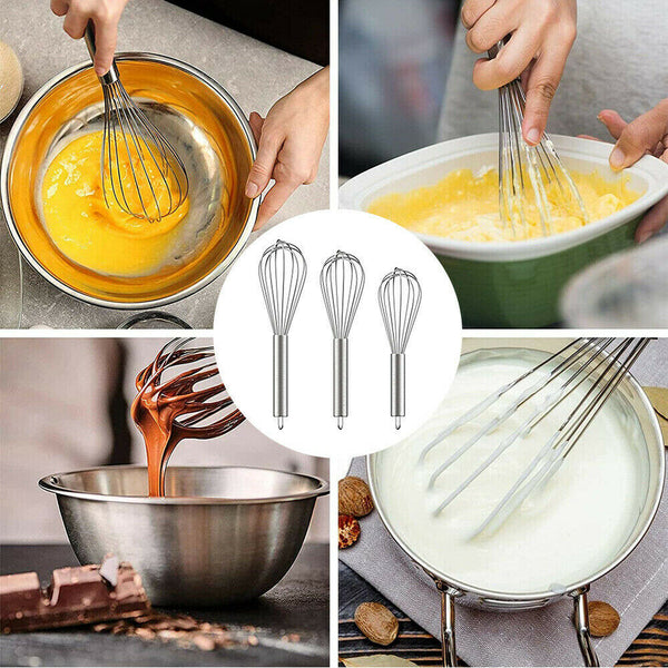 3PCS Stainless Steel Whisk Set 6 Wire Whisks 8/10/12 Inch Kitchen Egg Beater