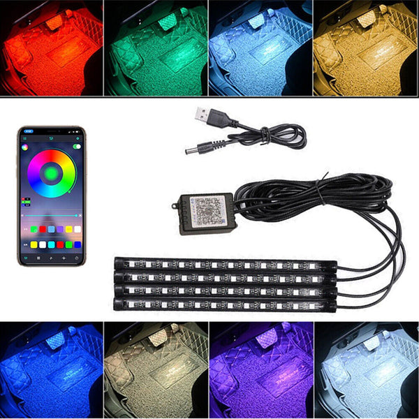 4X 12LED Car Interior Footwell RGB Bluetooth Phone LED Light Strip USB APP AU