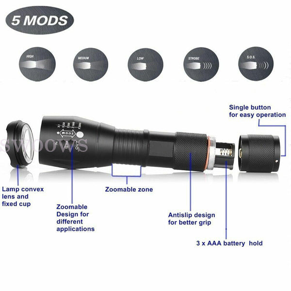 XML-T6 Tactical Flashlight Torch Super Bright Camping LED Torch Zoomable