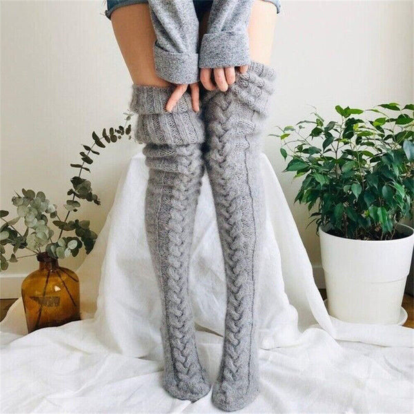 1/2 Women Thigh High Socks Extra Long Woolen Knit Warm Thick Tall Long Stockings