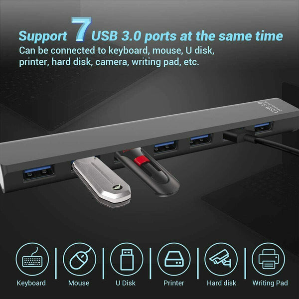 Multi USB 3.0 Hub 7-Port High Speed 5Gbps Slim Compact Expansion Smart Splitter