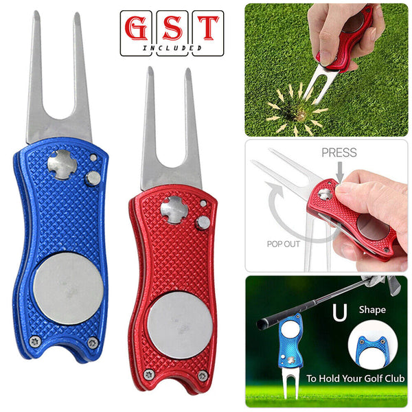 Foldable Metal Golf Divot Repair Tool with Pop-up Button & Magnetic Ball Marker