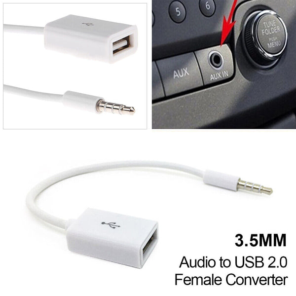 Male Cable Plug AUX Jack 3.5mm Audio to USB 2.0 Female Converter Cord Play MP3