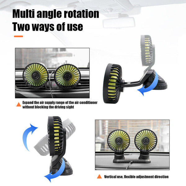 USB Powered Car Fan Dual Head 3-Speed Dashboard Rotation Cooling Fan Air Cooler