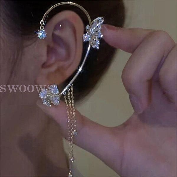 Zircon Butterfly Tassel Ear Cuff Clip Non Piercing Ear Clip Wrap Ladies Earrings