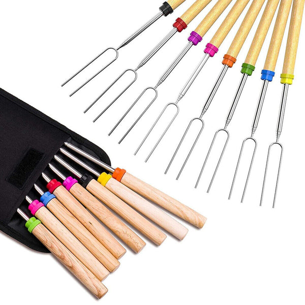 8x 32''Telescoping BBQ Marshmallow Roasting Sticks barbecue Skewers Hot Dog Fork